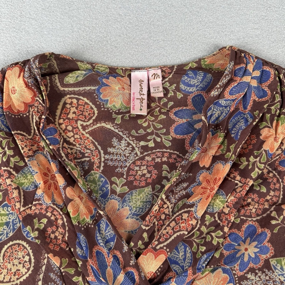 Vtg Y2K Sweet Pea Mesh Baby Doll Tunic V Neck Women's Medium Multicolor Paisley - Picture 4 of 16